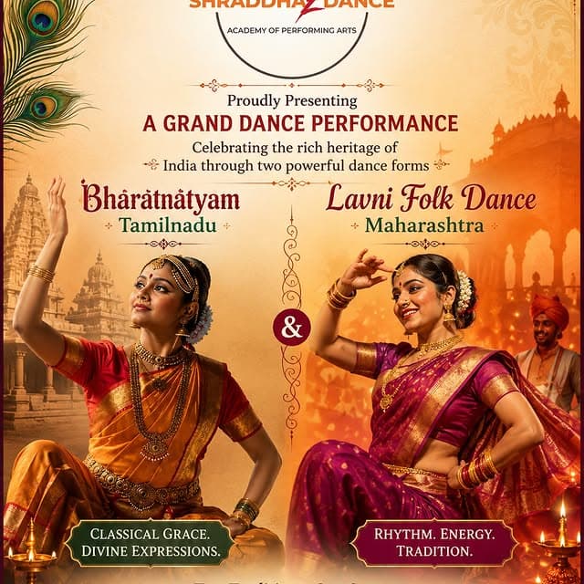Promotional graphic for a Bharatanatyam and Lavni folk dance performance at the NIA inaugural celebration