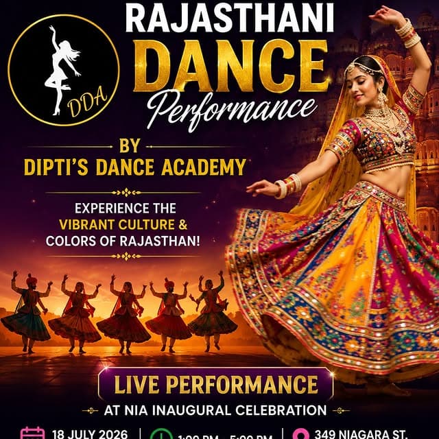 Promotional graphic for a Rajasthani dance performance by Dipti's Dance Academy at the NIA inaugural celebration