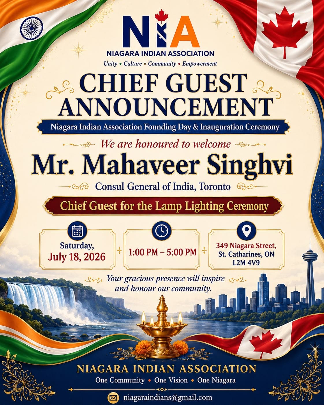 Chief guest announcement graphic welcoming Mr. Mahaveer Singhvi, Consul General of India in Toronto, to the NIA Founding Day and Inauguration Ceremony