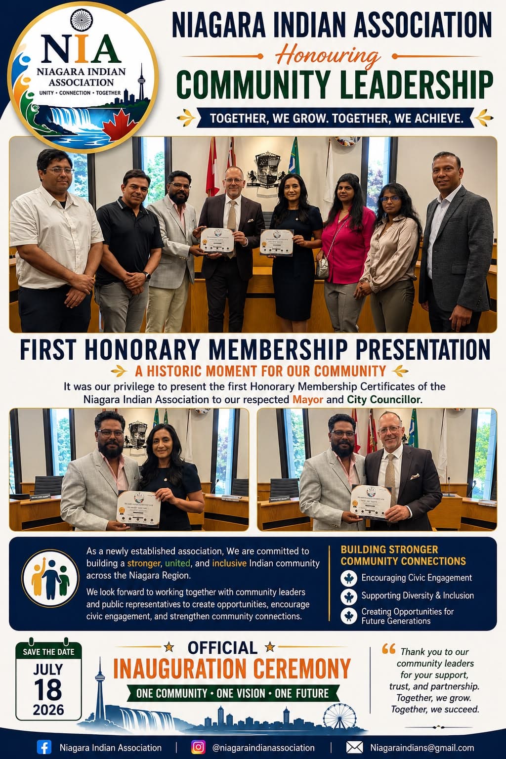 NIA presenting First Honorary Membership Certificates to the Mayor and City Councillor of St. Catharines