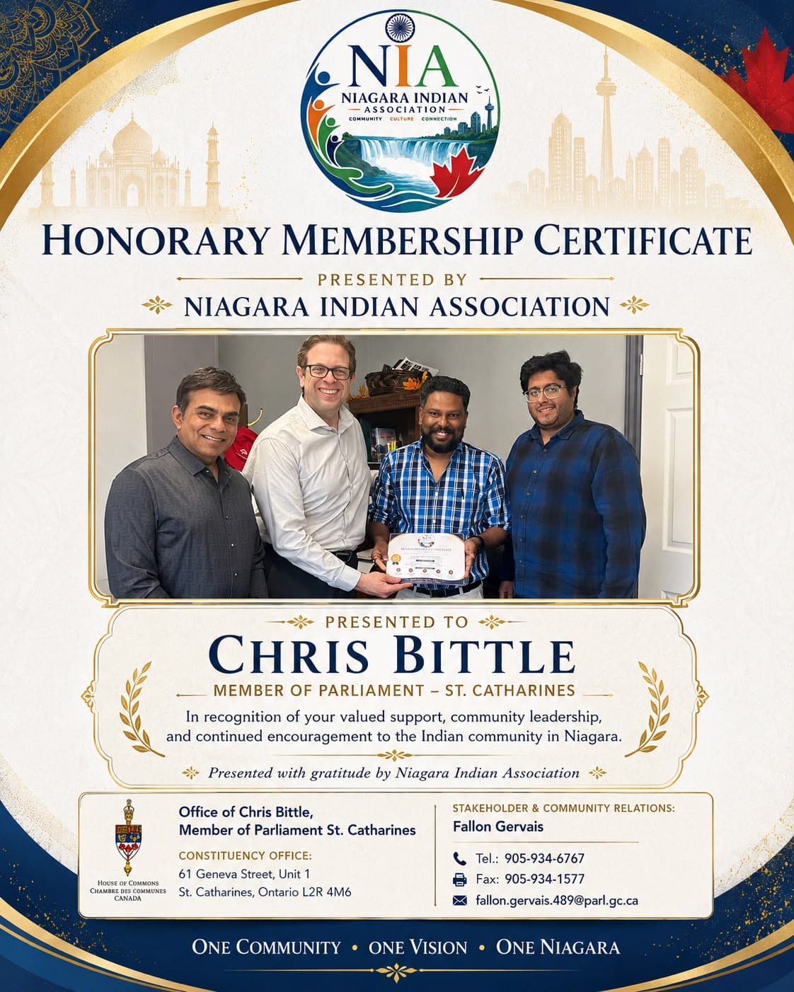 NIA presenting an Honorary Membership Certificate to Chris Bittle, Member of Parliament for St. Catharines