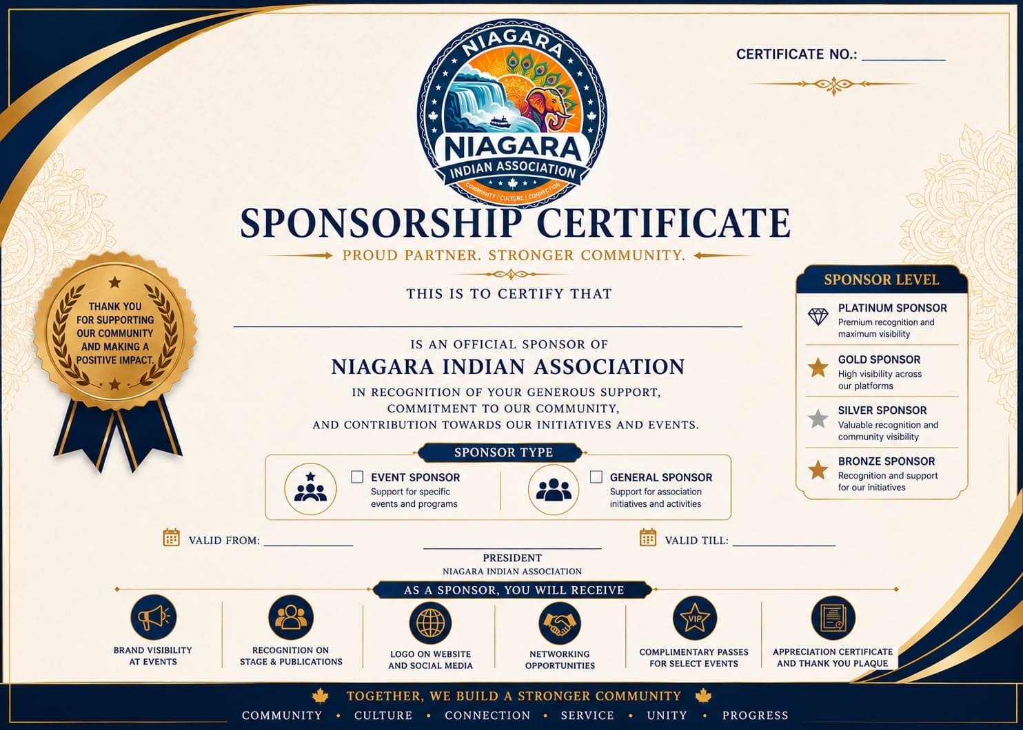 Sample Niagara Indian Association Sponsorship Certificate